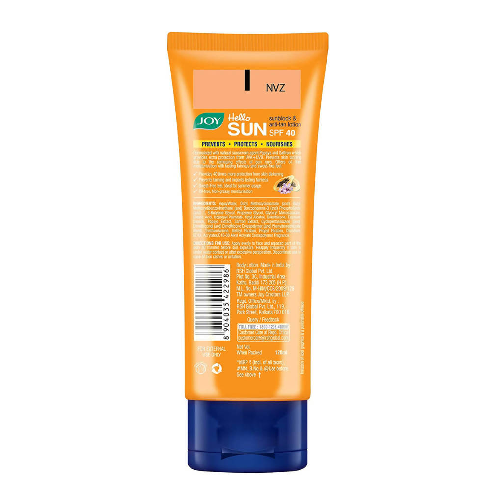 Joy Hello Sun Sunblock & Anti Tan Lotion SPF 40 PA+++ - Distacart