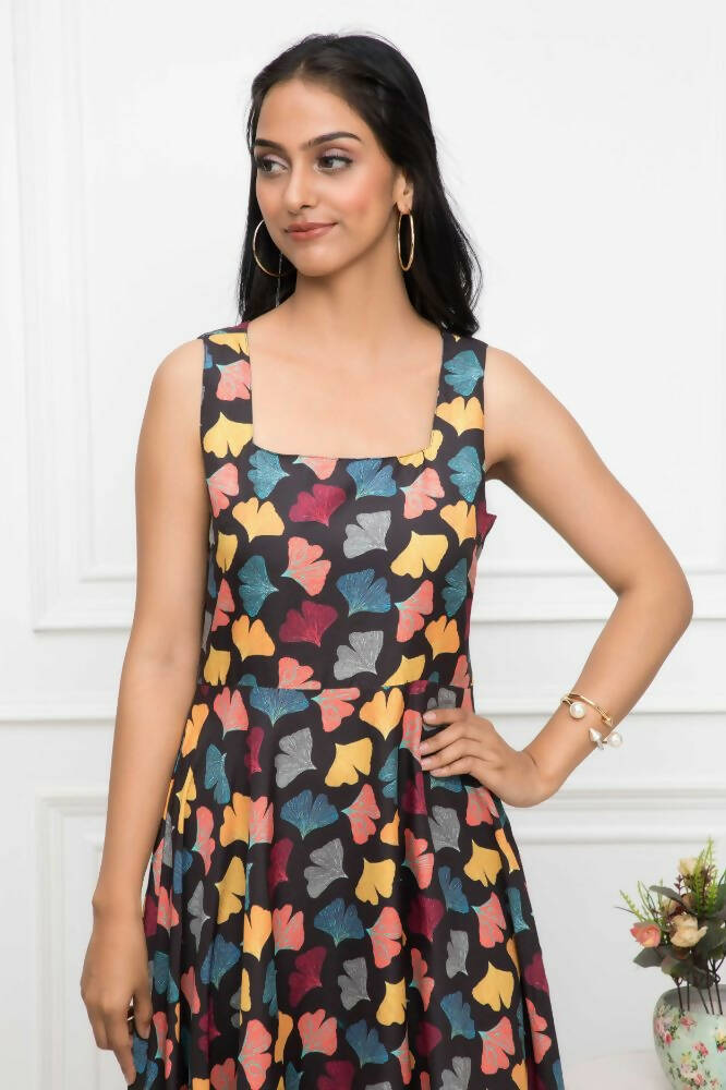 Myshka Women Black Floral Rayon A-Line Round Neck Dress - Distacart