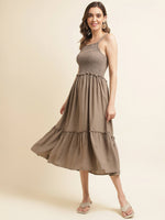 Thumbnail for Brown Cotton Solid Flared Dress with Printed Shrug - Yukti - Distacart