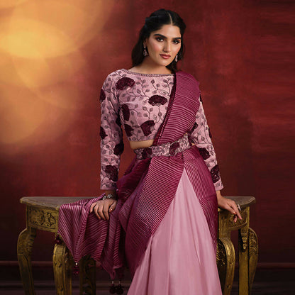 Peach Crepe Satin Silk Sequence Thread & Stone Work/ Texture Pallu Saree - Mohmanthan Kimiya - Distacart