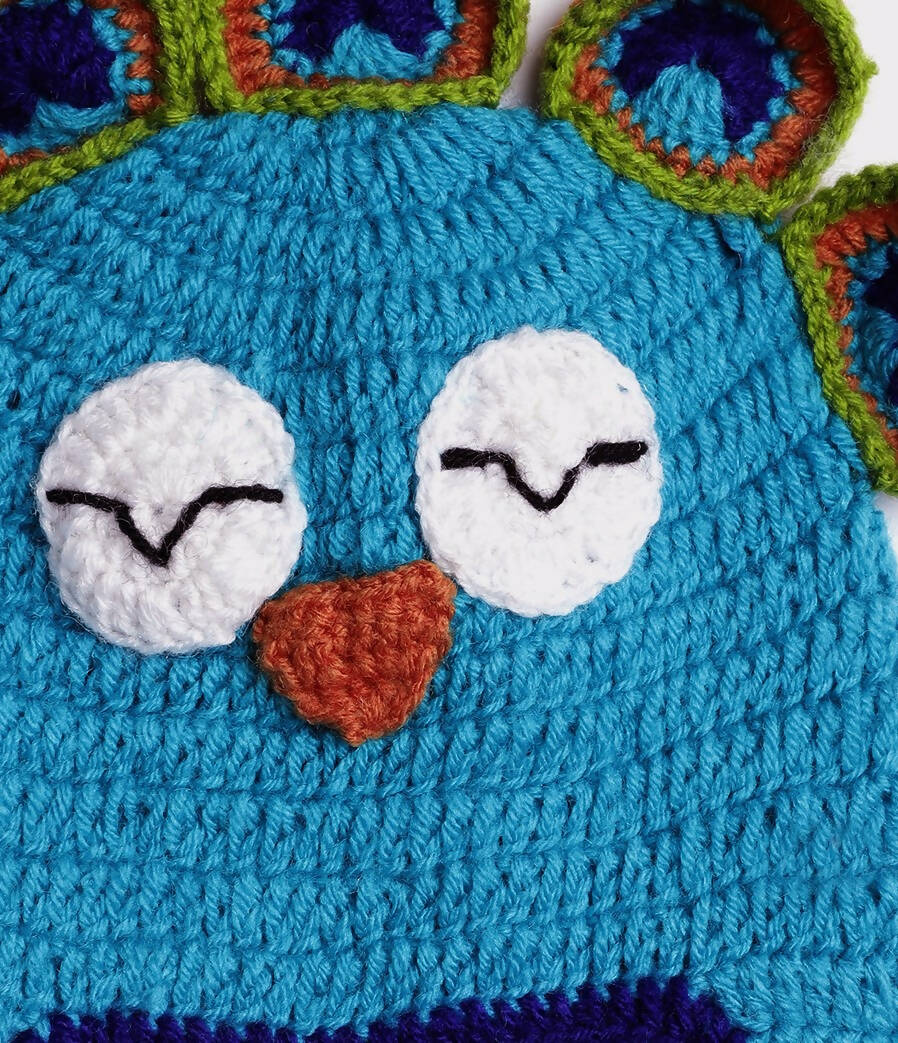 Chutput Kids Woollen Hand Knitted Peacock Face Detailed Cap - Blue - Distacart