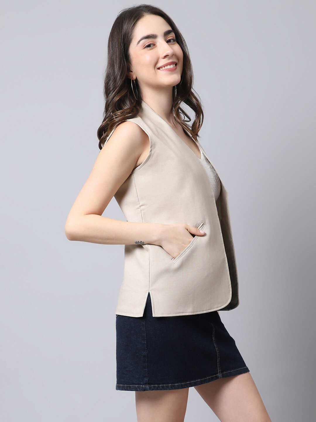 Even Apparels Cream Linen Cotton Open Front Women's Waistcoat - Distacart