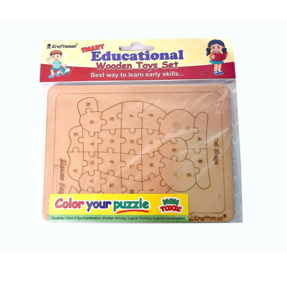 Kraftsman English Alphabets Wooden Jigsaw Puzzles Owl Shape Puzzle | Color Kit Included - Distacart