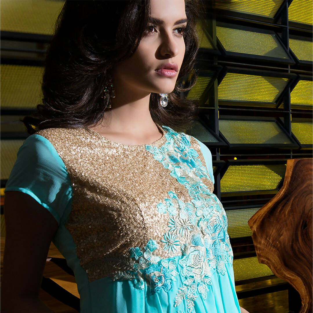 Light Blue Georgette Floral Embroidered A-line Kurti - Missy - Distacart
