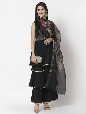 Myshka Women Black Rayon Solid Sleeveless Round Neck Kurta With Sharara & Dupatta Set