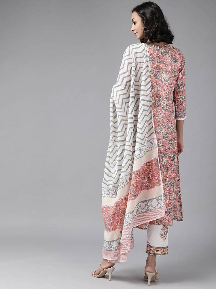 Yufta Peach Hand Block Printed Kurta with Trouser and Dupatta