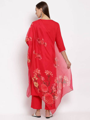Myshka Women's Red Cotton Solid 3/4 Sleeve Square Neck Casual Kurta Pant Dupatta Set