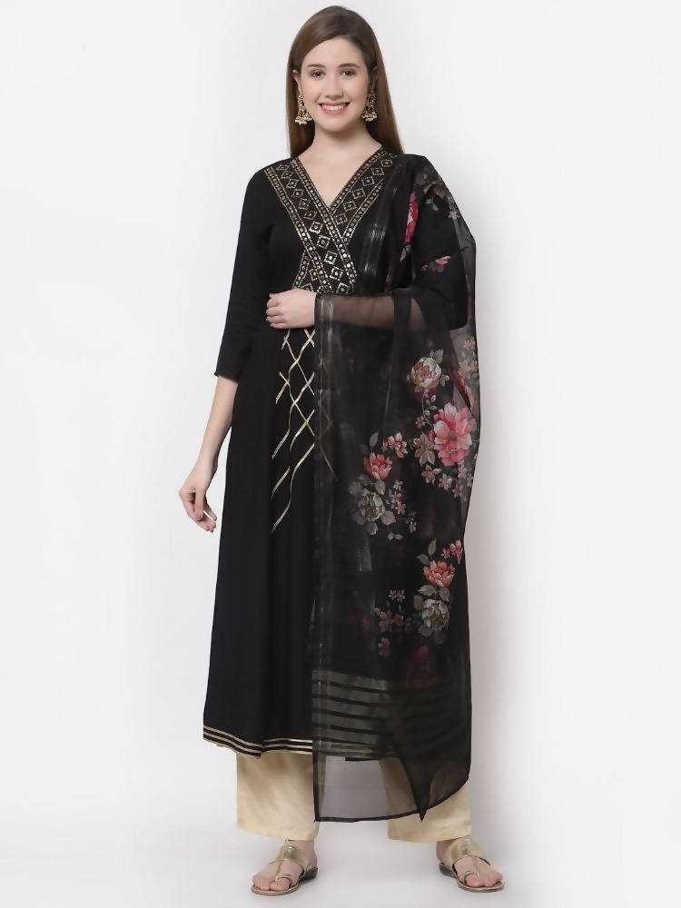 Myshka Black Color Rayon Embroidered 3/4 Sleeve Kurta With Dupatta Set