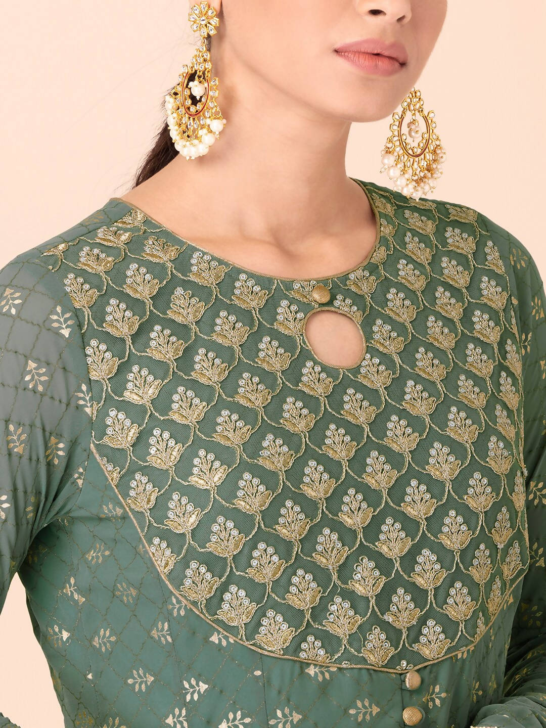 Indya Green & Gold-Toned Ethnic Motifs Printed Georgette Anarkali Kurta - Distacart
