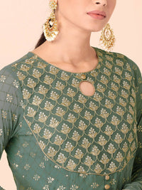 Thumbnail for Indya Green & Gold-Toned Ethnic Motifs Printed Georgette Anarkali Kurta - Distacart
