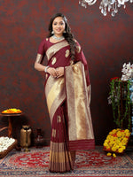 Thumbnail for Lorenvalley Fashion Maroon Soft Silk Woven Design Gold Zari Weaving Saree - Distacart