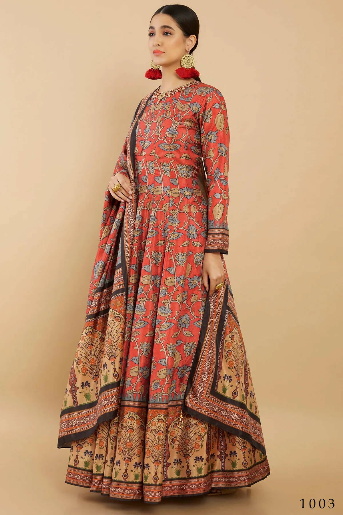 Women's Partywear Designer Red Soft Dola Silk Anarkali suit with Dupatta - Kalishta - Distacart