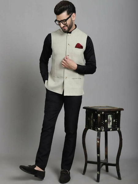 Even Apparels Self-Design Waistcoat With Welt Pockets - Beige - Distacart