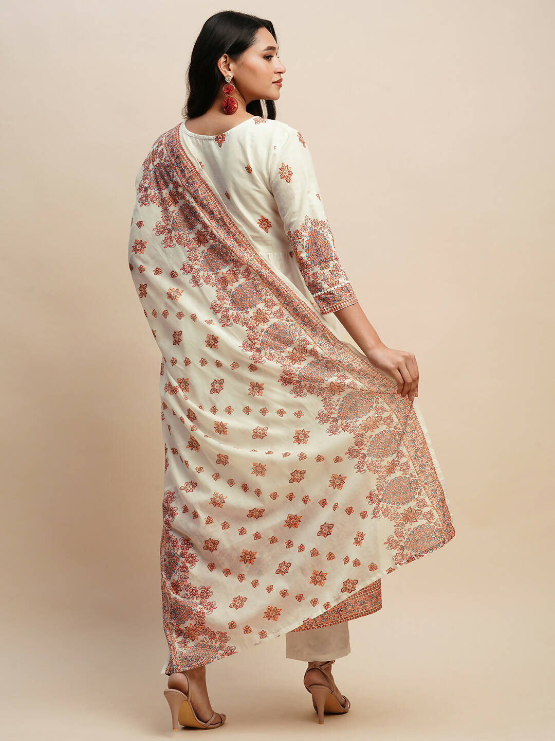 White And Peach Pure Cotton Floral Printed Anarkali Kurta And Bottom With Dupatta - Akashara - Distacart