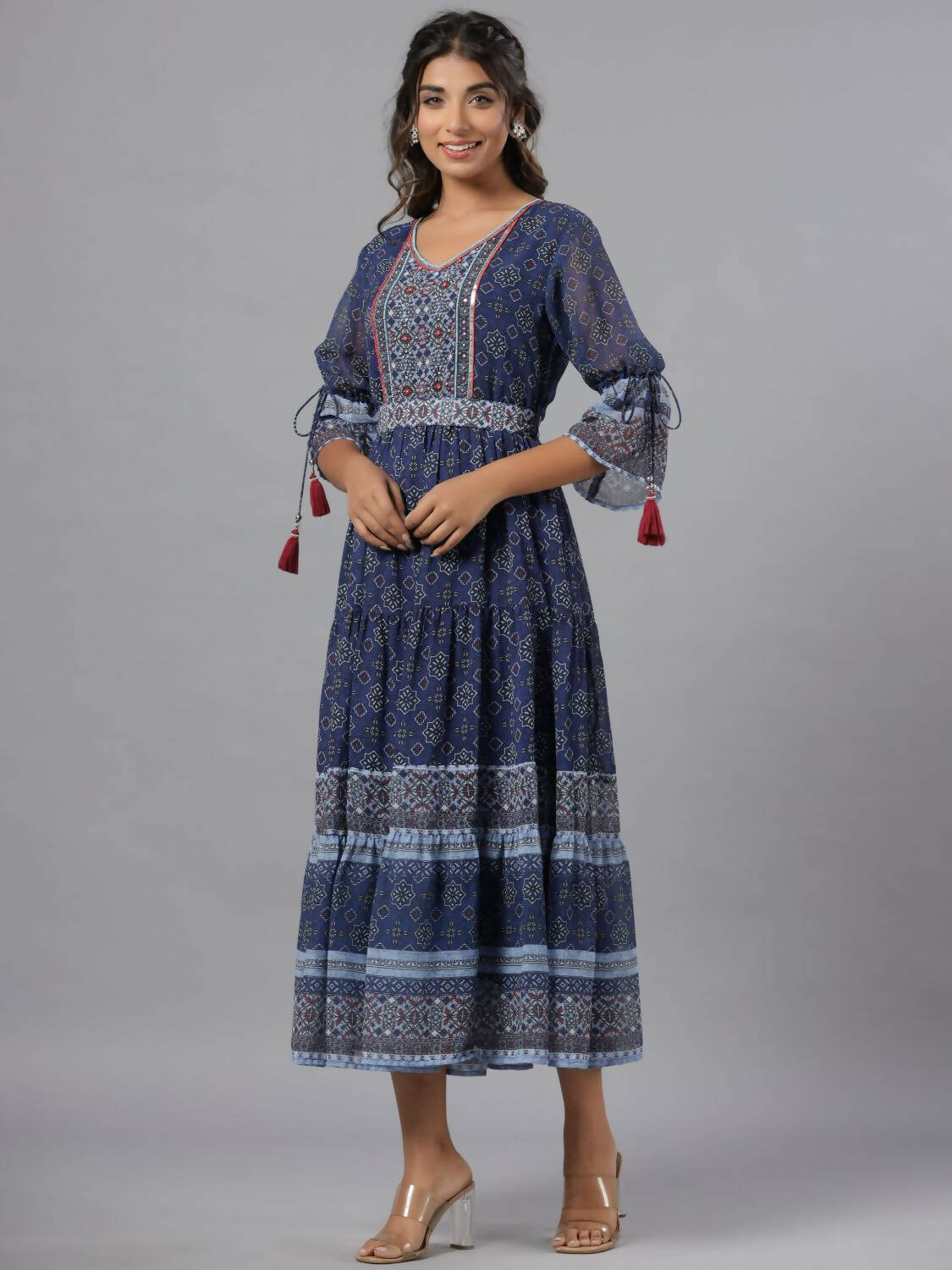 Juniper Women Navy Blue Georgette Geometric Printed Tiered Maxi Dress - Distacart