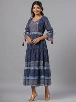 Thumbnail for Juniper Women Navy Blue Georgette Geometric Printed Tiered Maxi Dress - Distacart