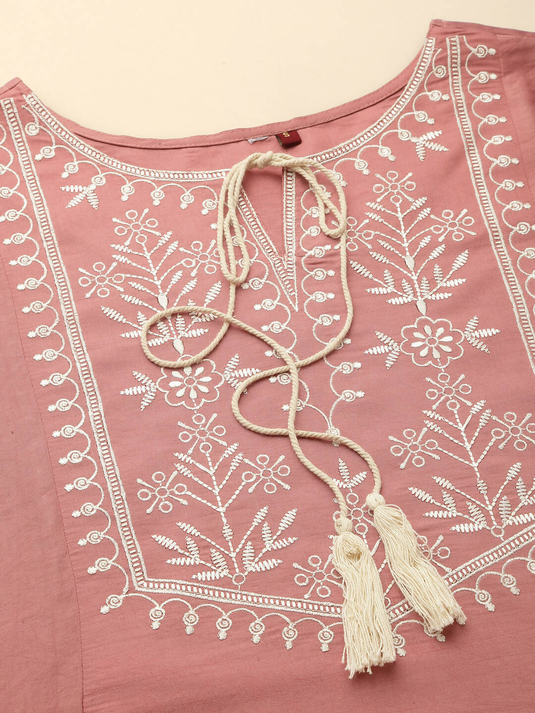Peach Chinon Slub Floral Embroidered Top - Zeny - Distacart