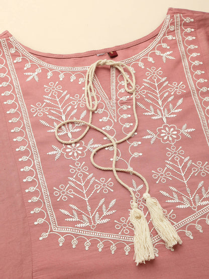 Peach Chinon Slub Floral Embroidered Top - Zeny - Distacart