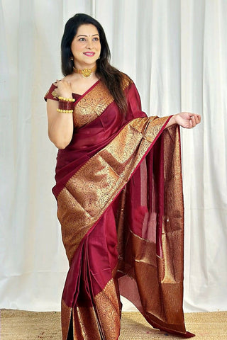 DEIANA'S Beautiful Golden Jari with New Design Soft Lichi Silk Saree - Maroon - Distacart