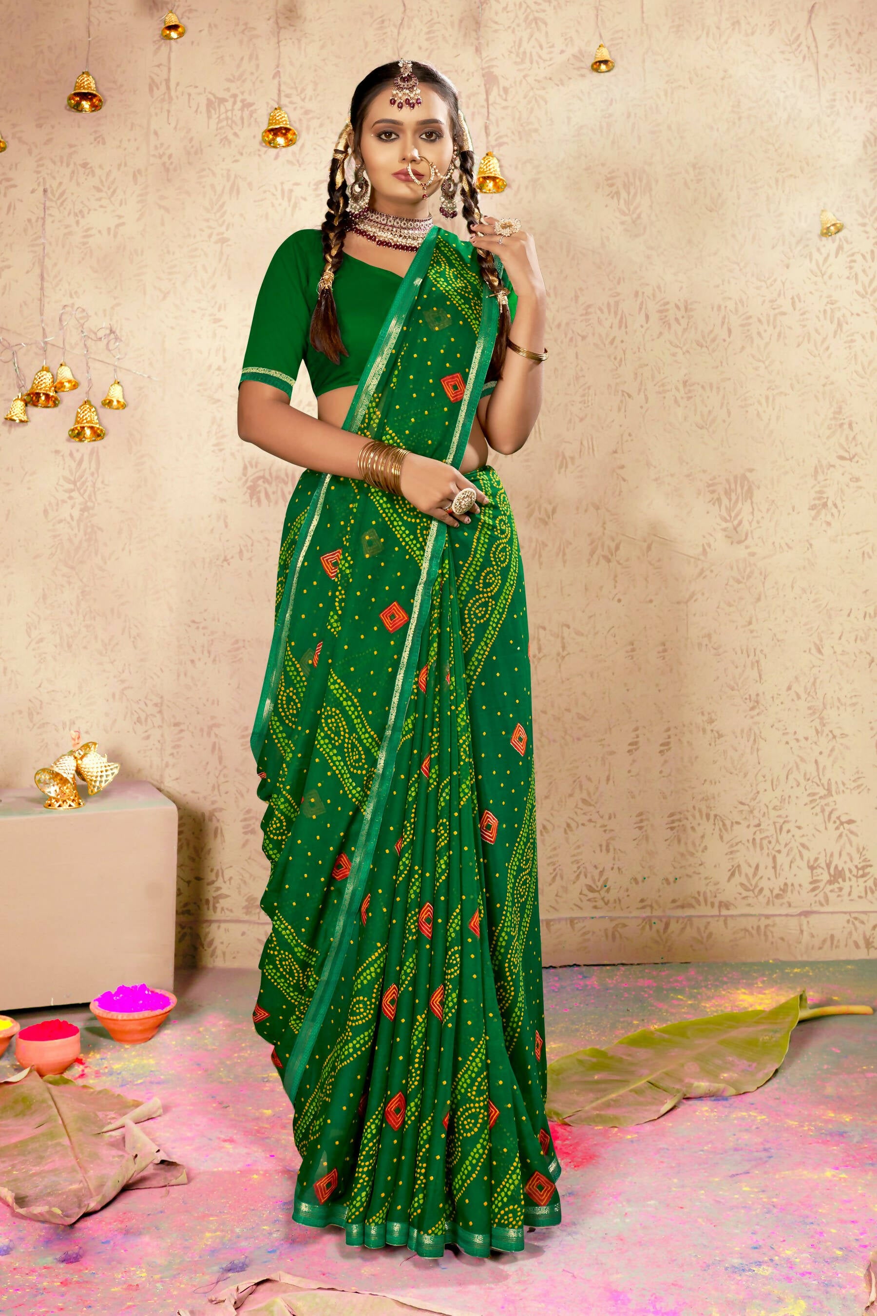 Green Georgette Bandhni Printed Saree With Unstitched Blouse Piece - Shanaya - Distacart
