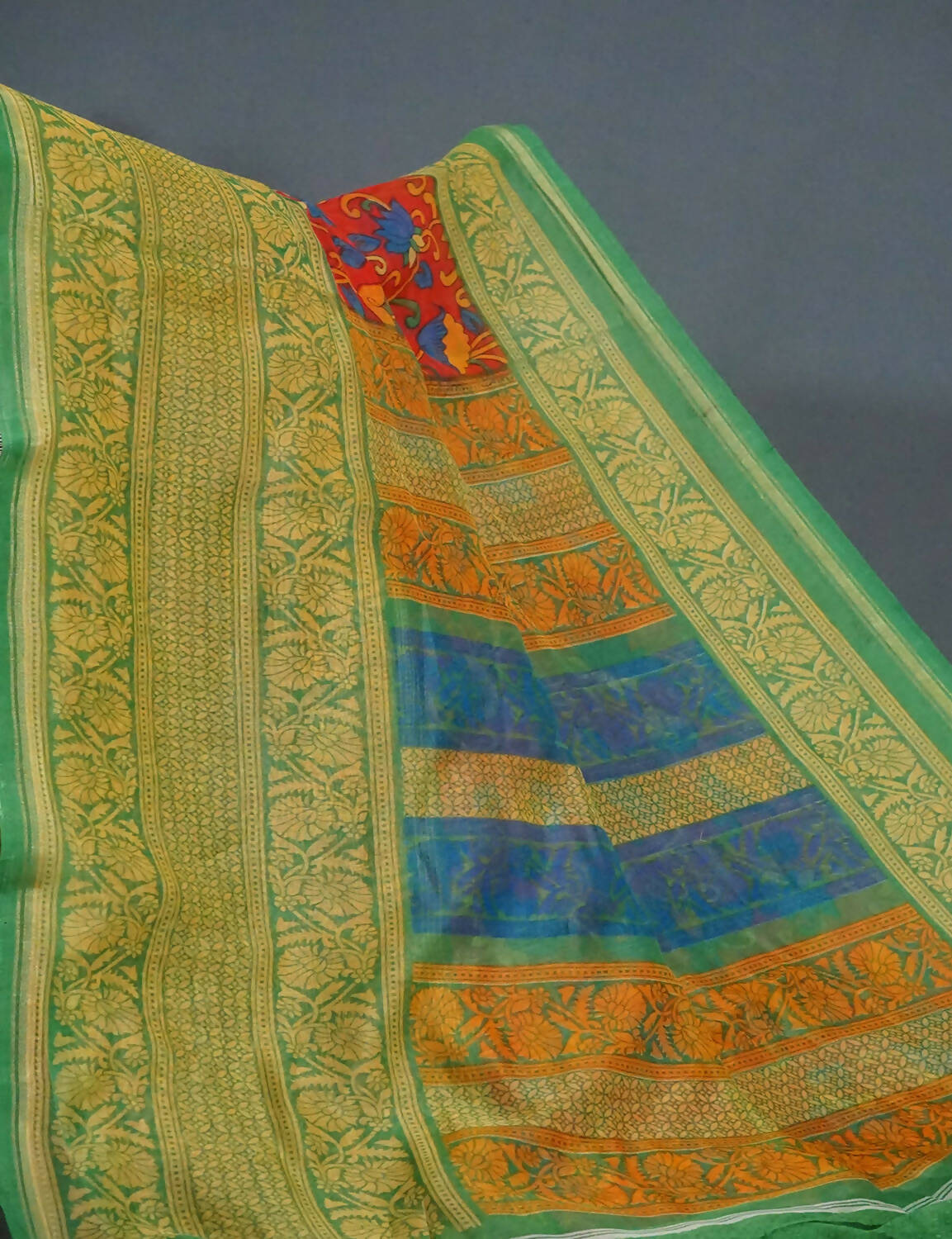 Multi Shades Of Red And Green Kalamkaari Design Semi Chanderi Saree By Gayathri Reddy Designer Studio - Distacart