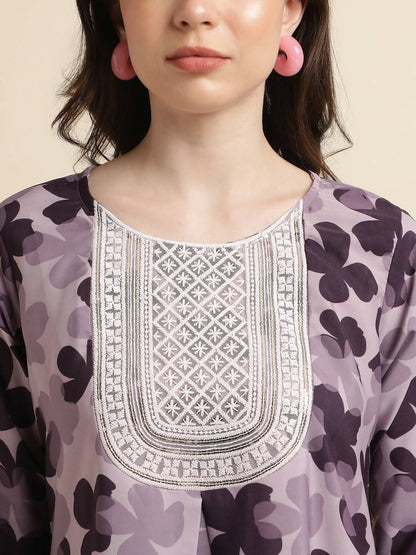 Purple Poly Crepe Digital Printed Top with Matching Bottom - Preeti - Distacart