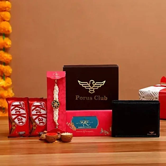 Traditional Kundan Rakhi With Wallet And Kitkat