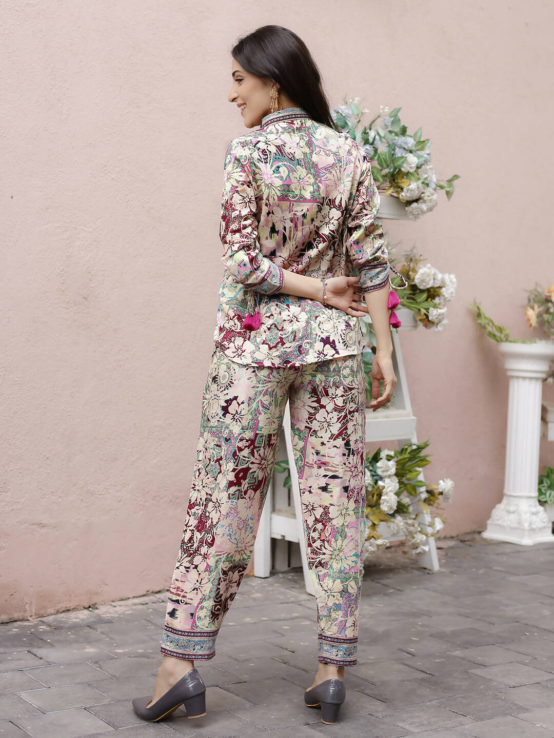 Cream Rayon Floral Printed Top with Matching Bottom - Eesha - Distacart