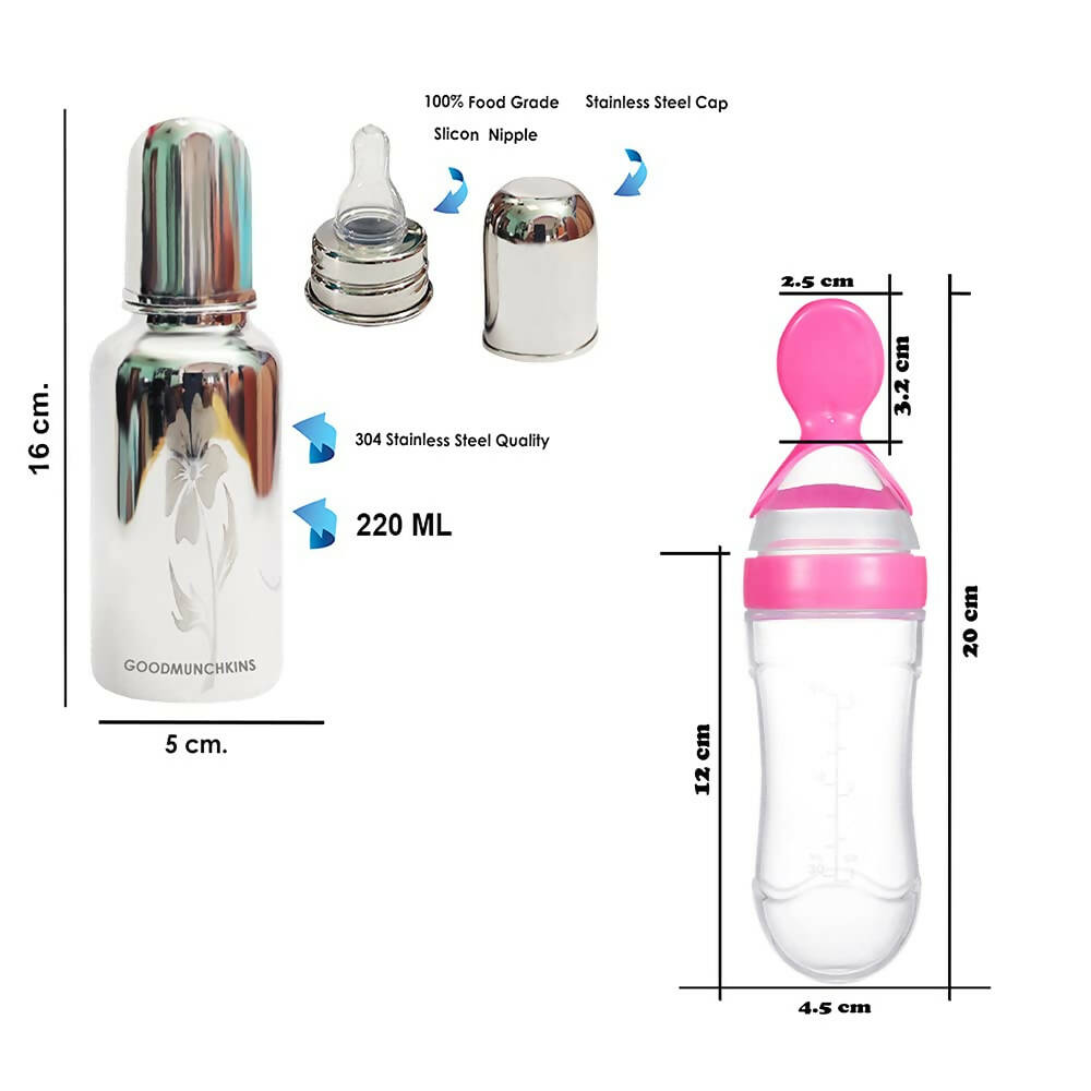 Goodmunchkins Stainless Steel Feeding Bottle & Spoon Food Feeder Anti Colic Silicone Nipple Combo-(Pink,220ml) - Distacart