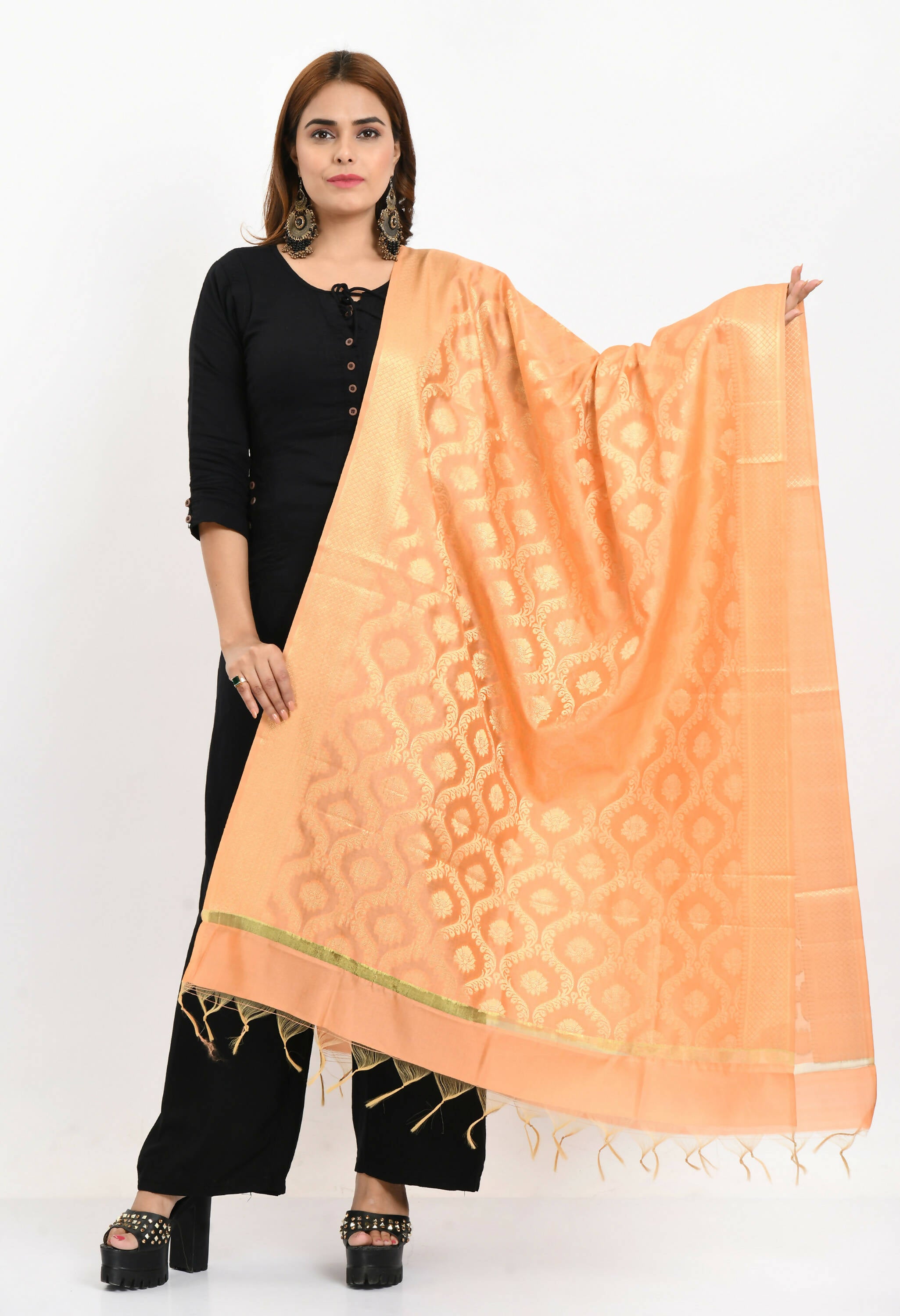 Mominos Fashion Moeza Women's Banarsi Silk All Over Woven Design Peach Dupatta - Distacart