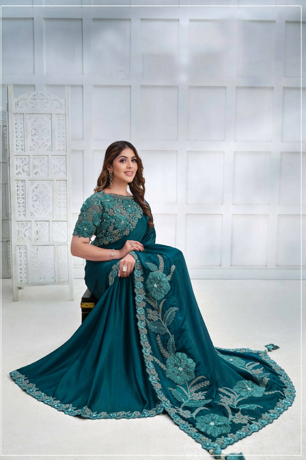 Teal Crepe satin silk Cord & Sequence Embroidered with Applique & Stone work Saree - Mohmanthan Majestica - Distacart