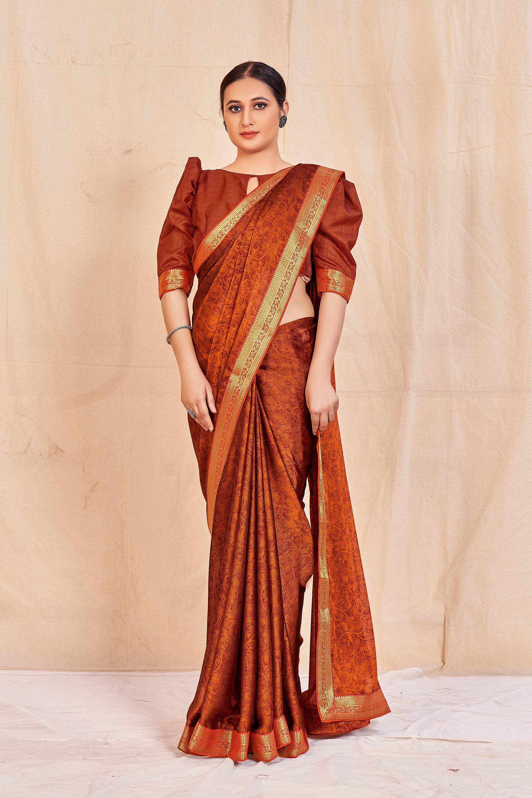 Vamika Orange Designer Cadbury Chiffon Banarasi Lace Saree - Distacart