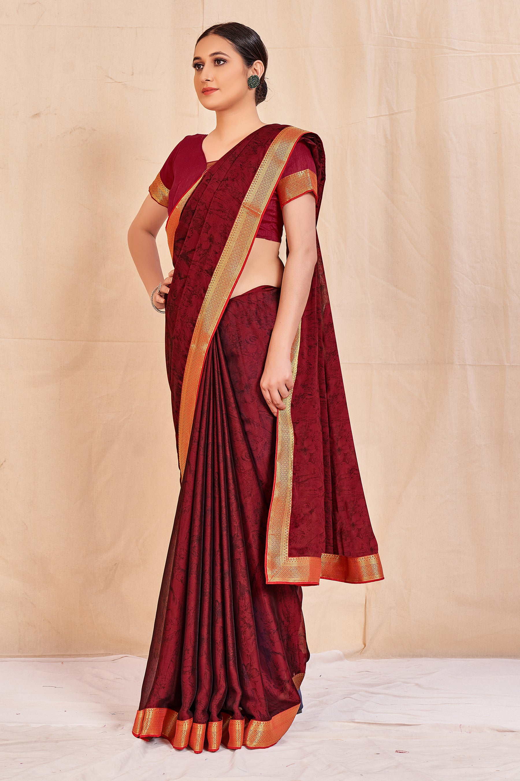 Vamika Maroon Designer Cadbury Chiffon Banarasi Lace Saree - Distacart