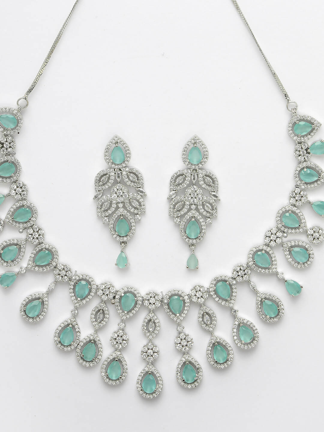 NVR Women Silver Plated & Turquoise Cz Stone Handcrafted Jewellery Set - Distacart