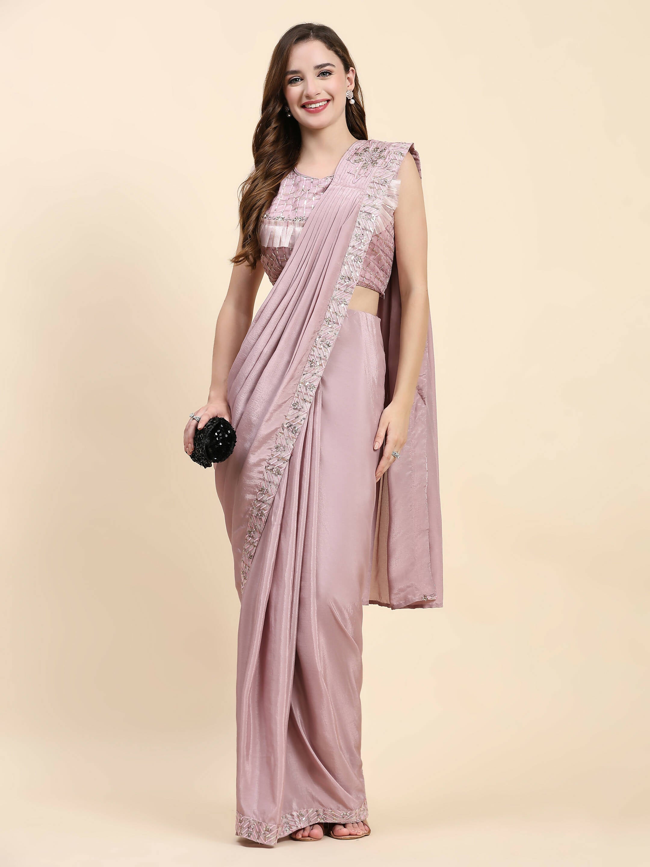 Pink Silk Satin Solid Ready to wear Saree with stitched Blouse - Satiksha - Distacart
