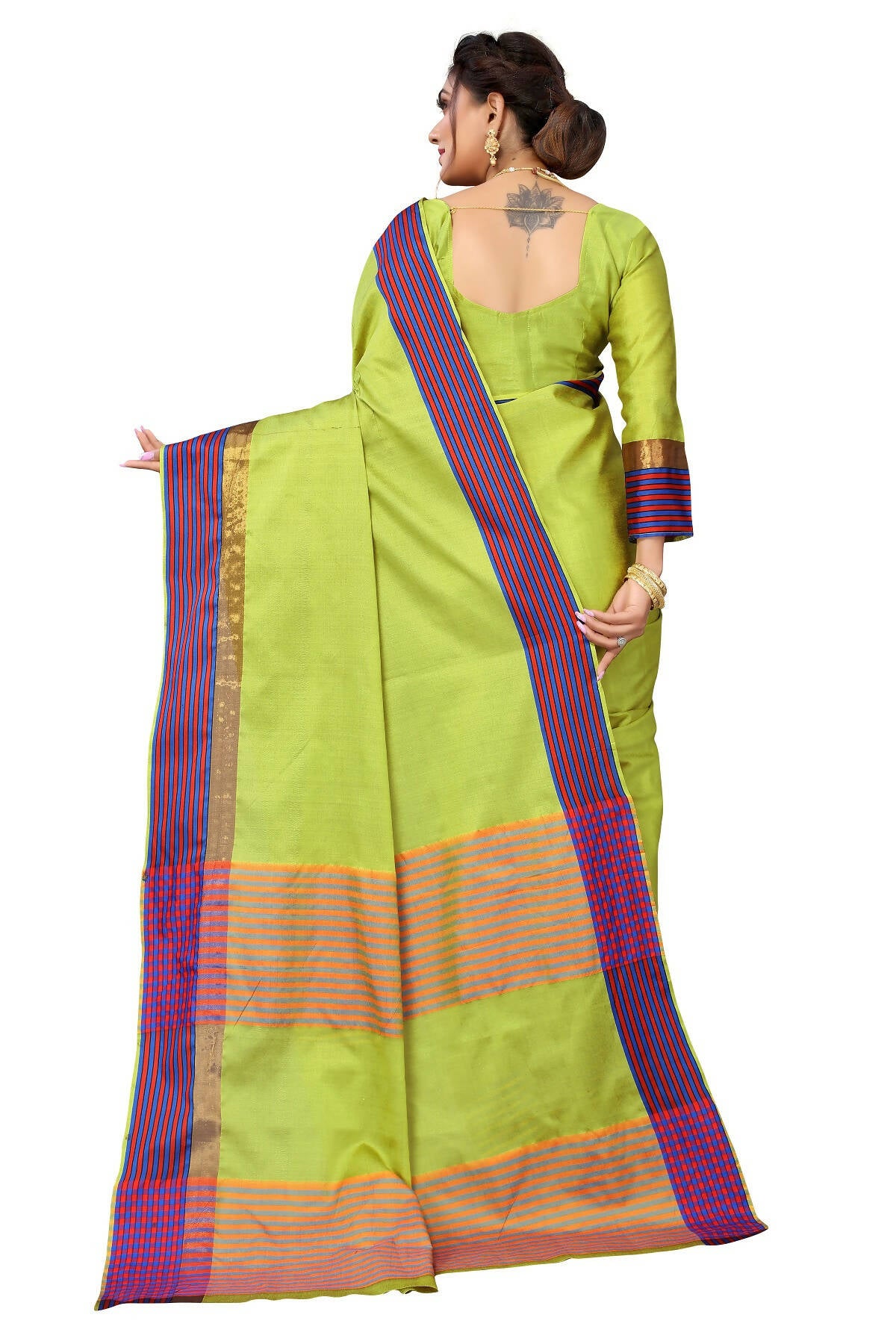 Vamika Ethnic Fire Parrot Green Cotton Silk Saree - Distacart