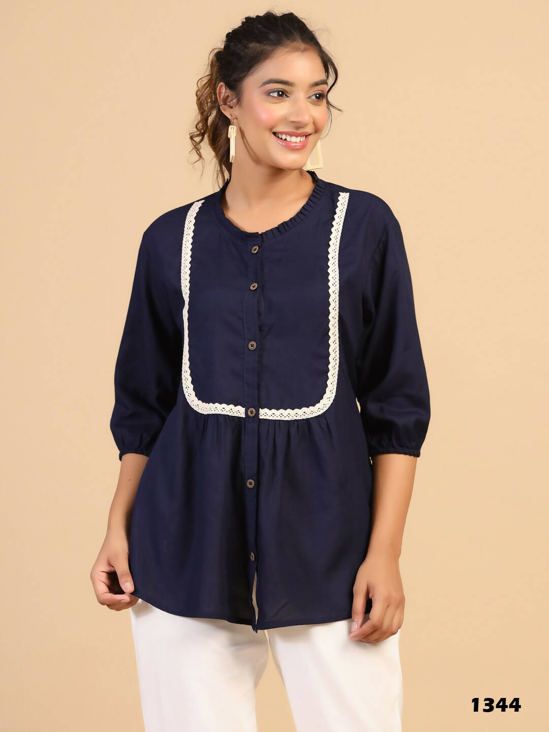 Womens Dark Blue Rayon Solid Top - Keeva - Distacart