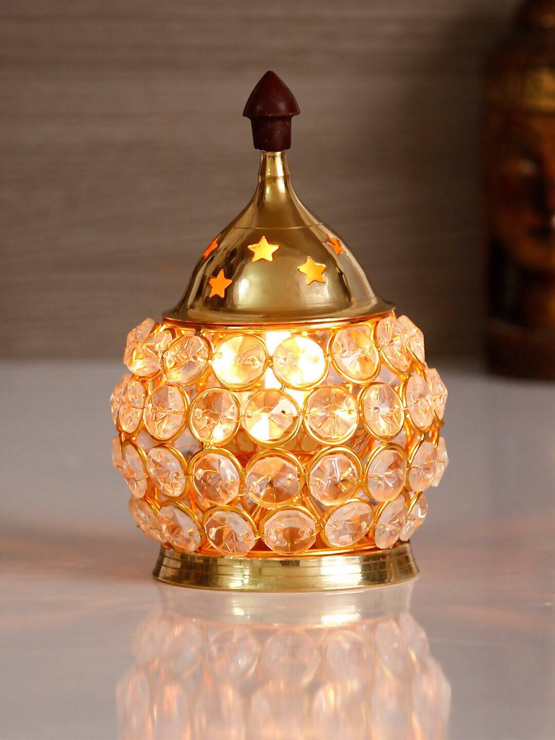 eCraftIndia Gold-Toned & Transparent Crystal & Brass Akhand Diya - Distacart