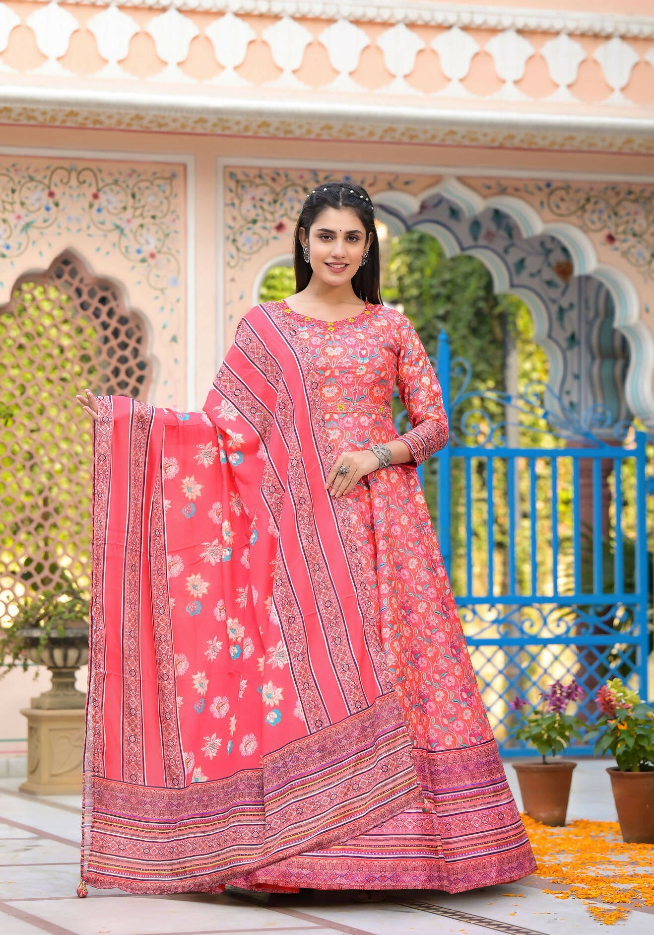Functional Designer Red-Orange Dola Silk Anarkali suit with Dupatta - Ramya - Distacart