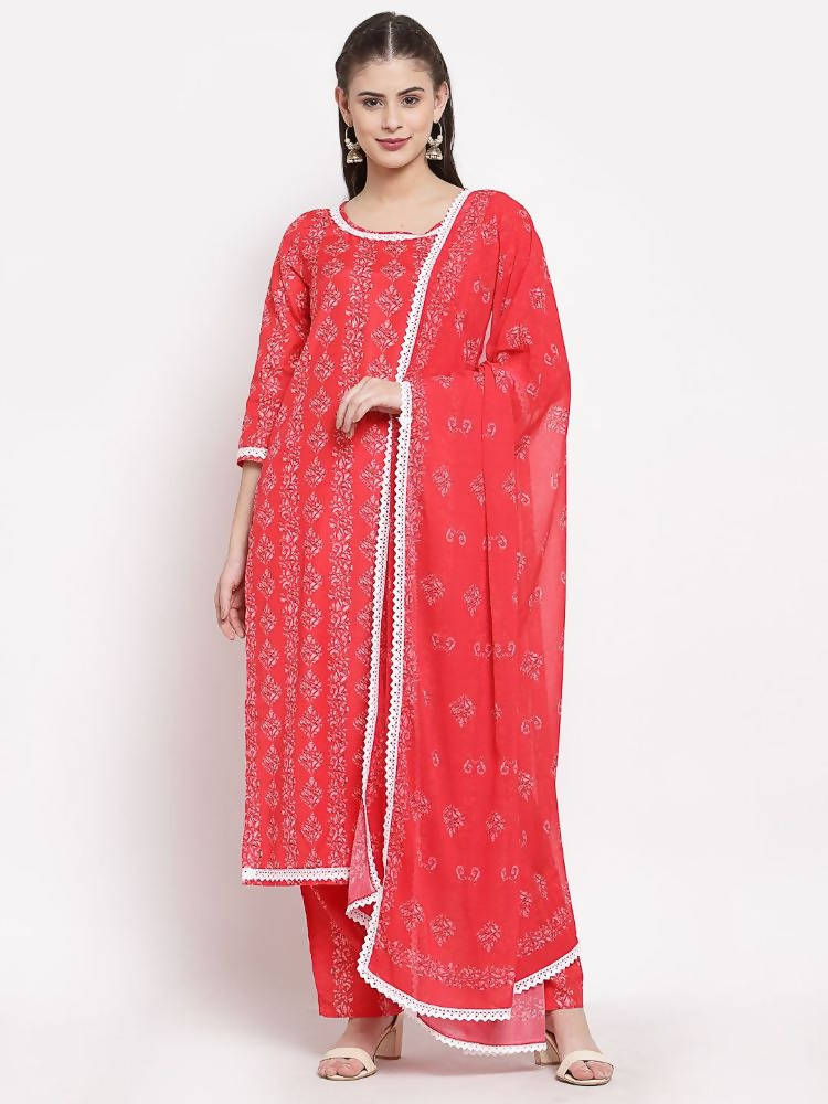 Myshka Women's Red Cotton Printed 3/4 Sleeve Round Neck Casual Kurta Pant Dupatta Set