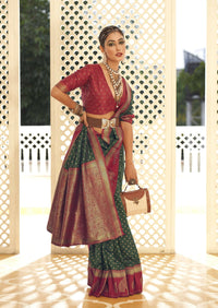 Thumbnail for Green Soft Banarasi Paithani Copper Zari Weaving Saree With Unstitched Blouse Piece - Jodha - Distacart