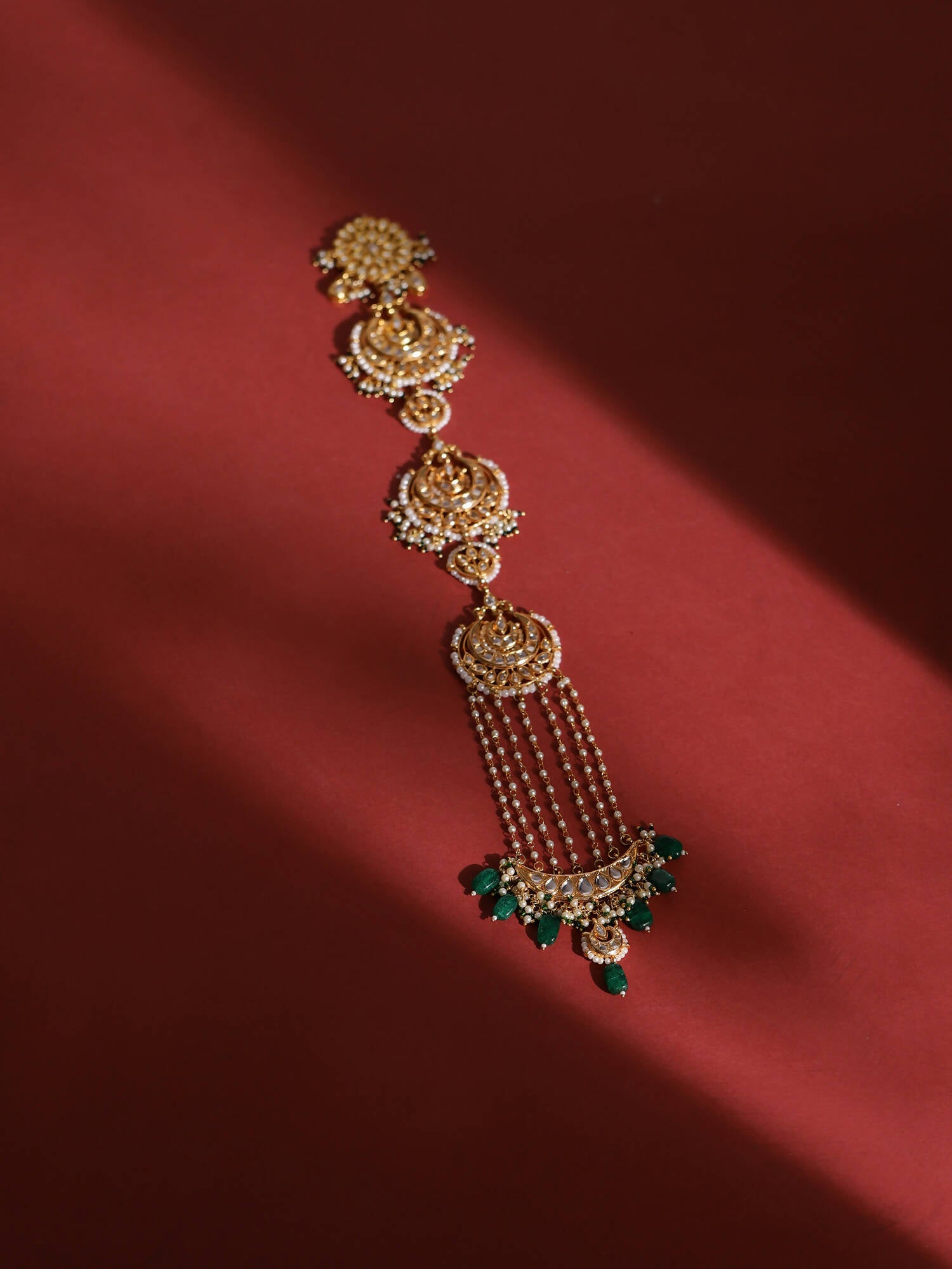 Gold-Plated Green Kundan Stone-Studded Head Chain - Ruby Raang - Distacart