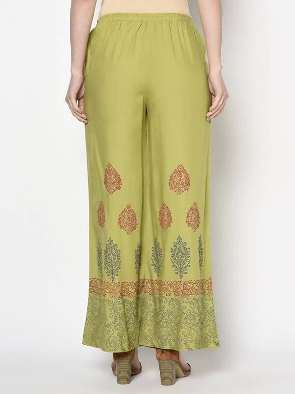 Aniyah Rayon Parrot Green Color Block Print Flared Slip-On Palazzo (AN-196K)