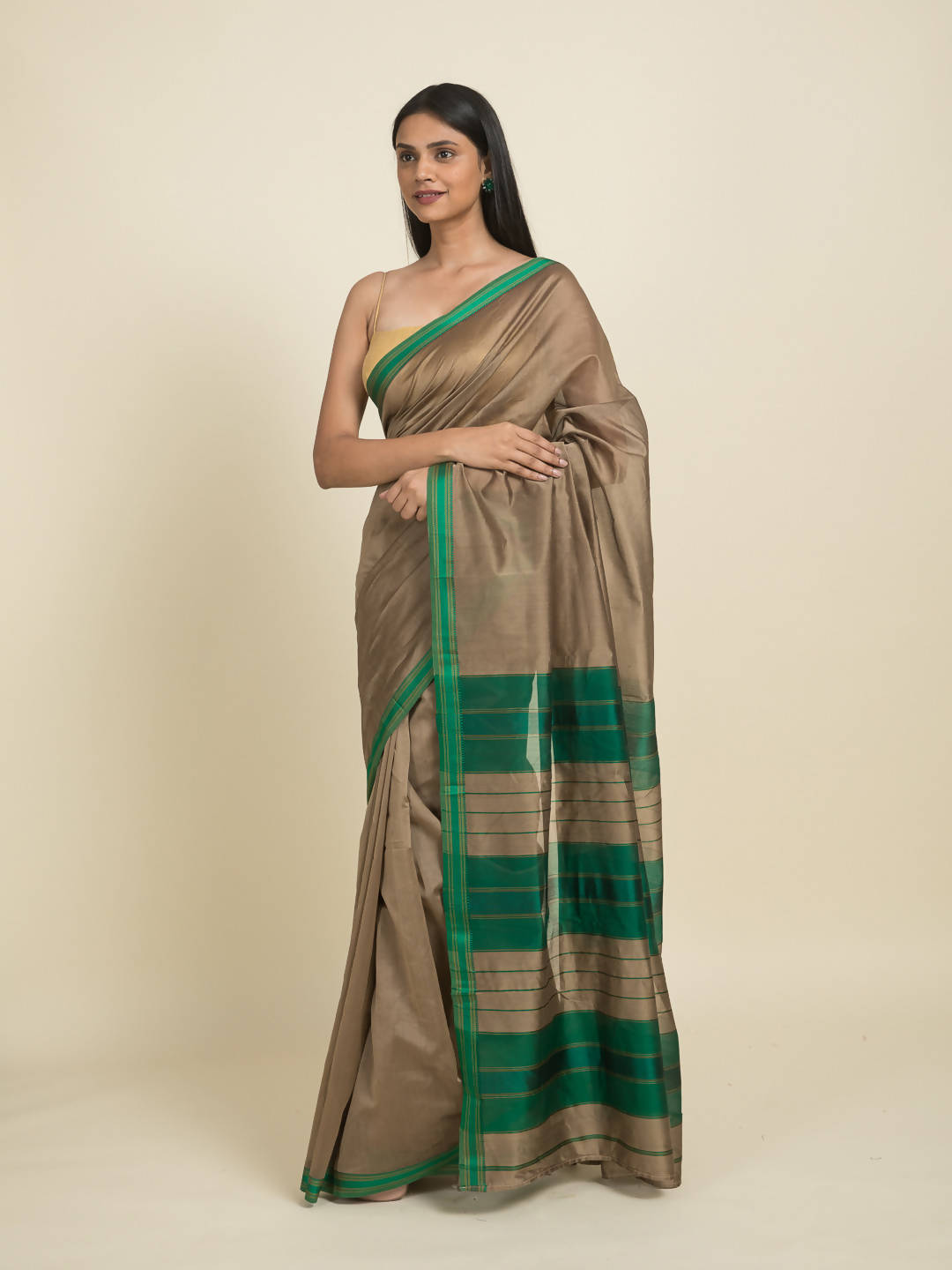 Suta Brown Green Zari Silk Cotton Maheshwari Saree - Distacart