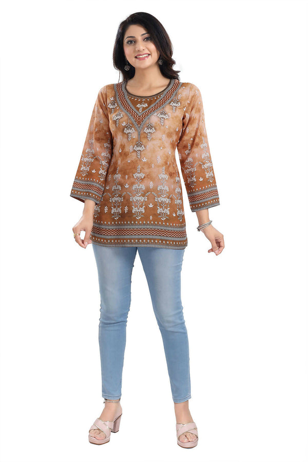 Snehal Creations Rustic Brown Faux Crepe Printed Short Kurti Tunic Top - Distacart