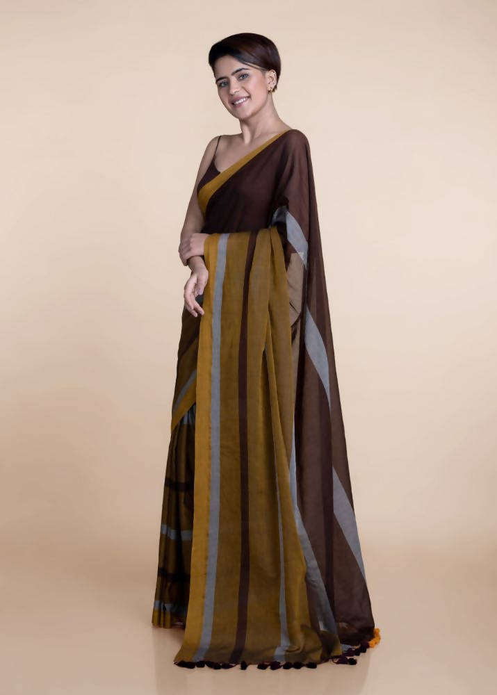 Suta Brown Yellow Colourblocked Mul Saree - Distacart