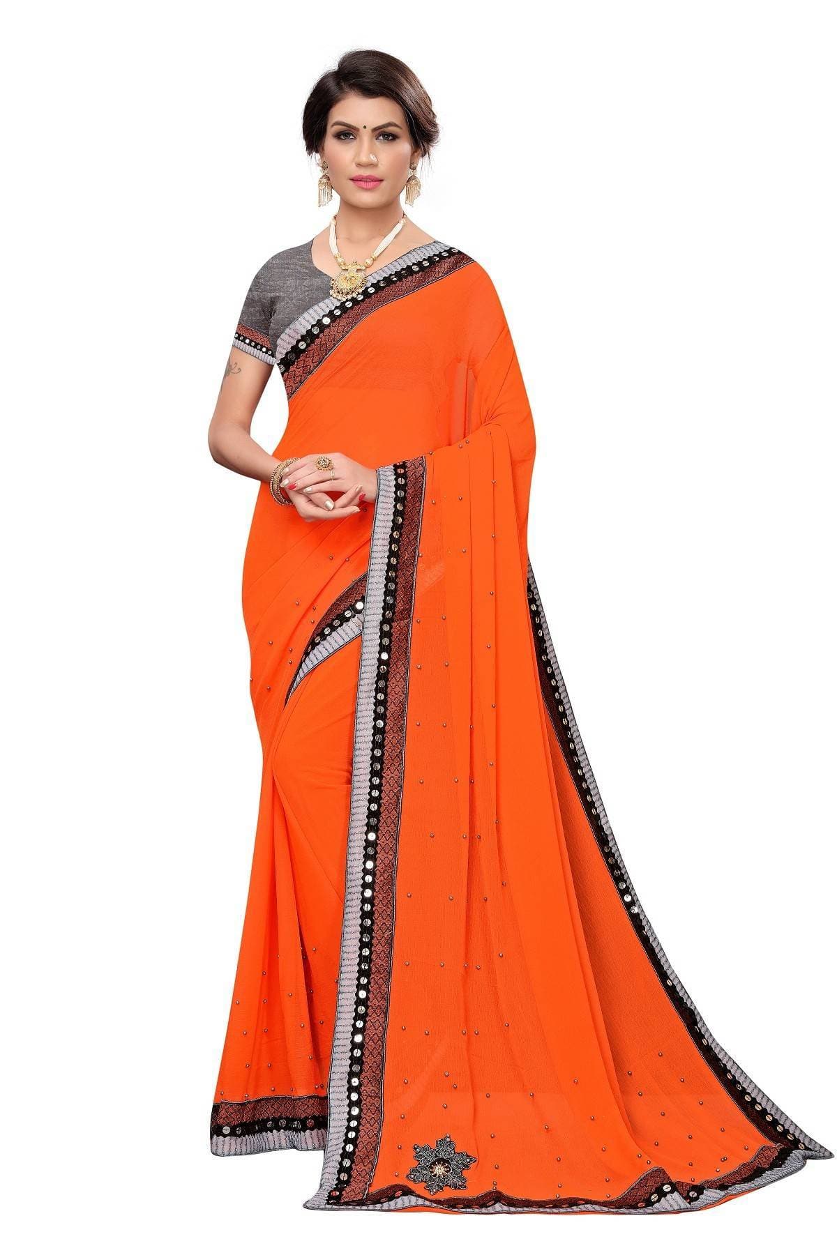 Vamika Orange Chiffon Mirror Work Saree