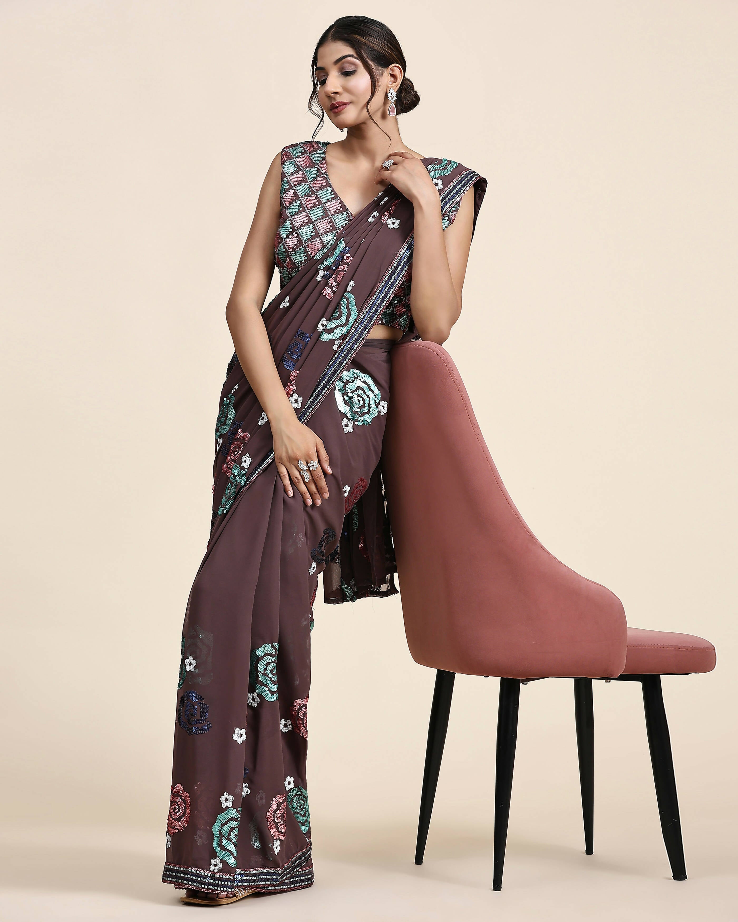 Brown Pure Georgette Sequence work Ready to wear Saree with stitched Blouse - Nirvana - Distacart