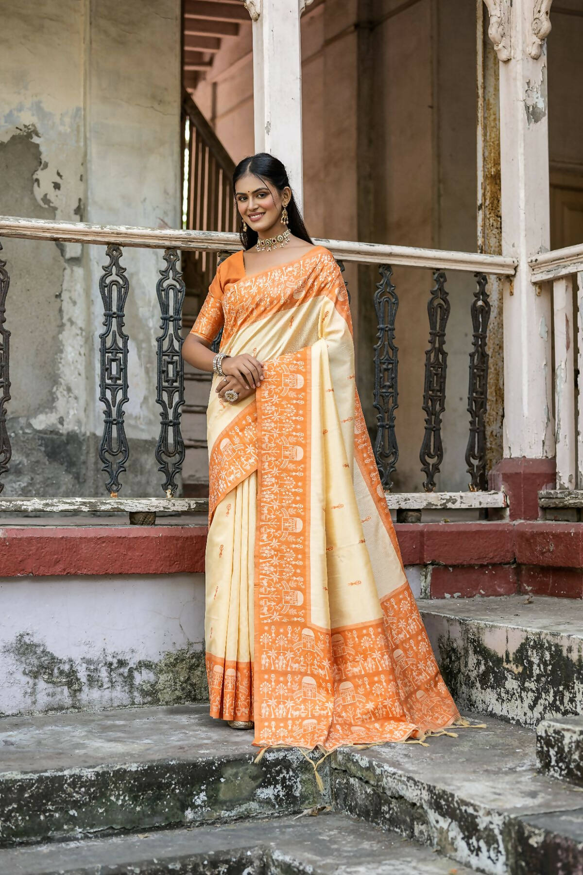Vishnu Weaves Women's Orange Handloom Raw Silk Woven Saree with Blouse - Distacart