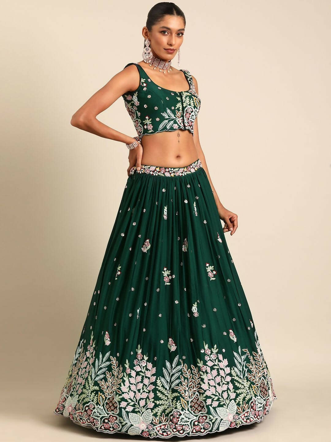 House of Panchhi Green Georgette Sequins and thread embroidery Lehenga choli & Dupatta - Distacart